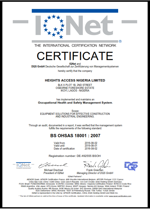 Heights Access IQNET BS-OHSAS 18001:2007 Certificate